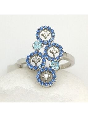 Blue Topaz Sapphire Cocktail Ring Sterling Silver Size 8